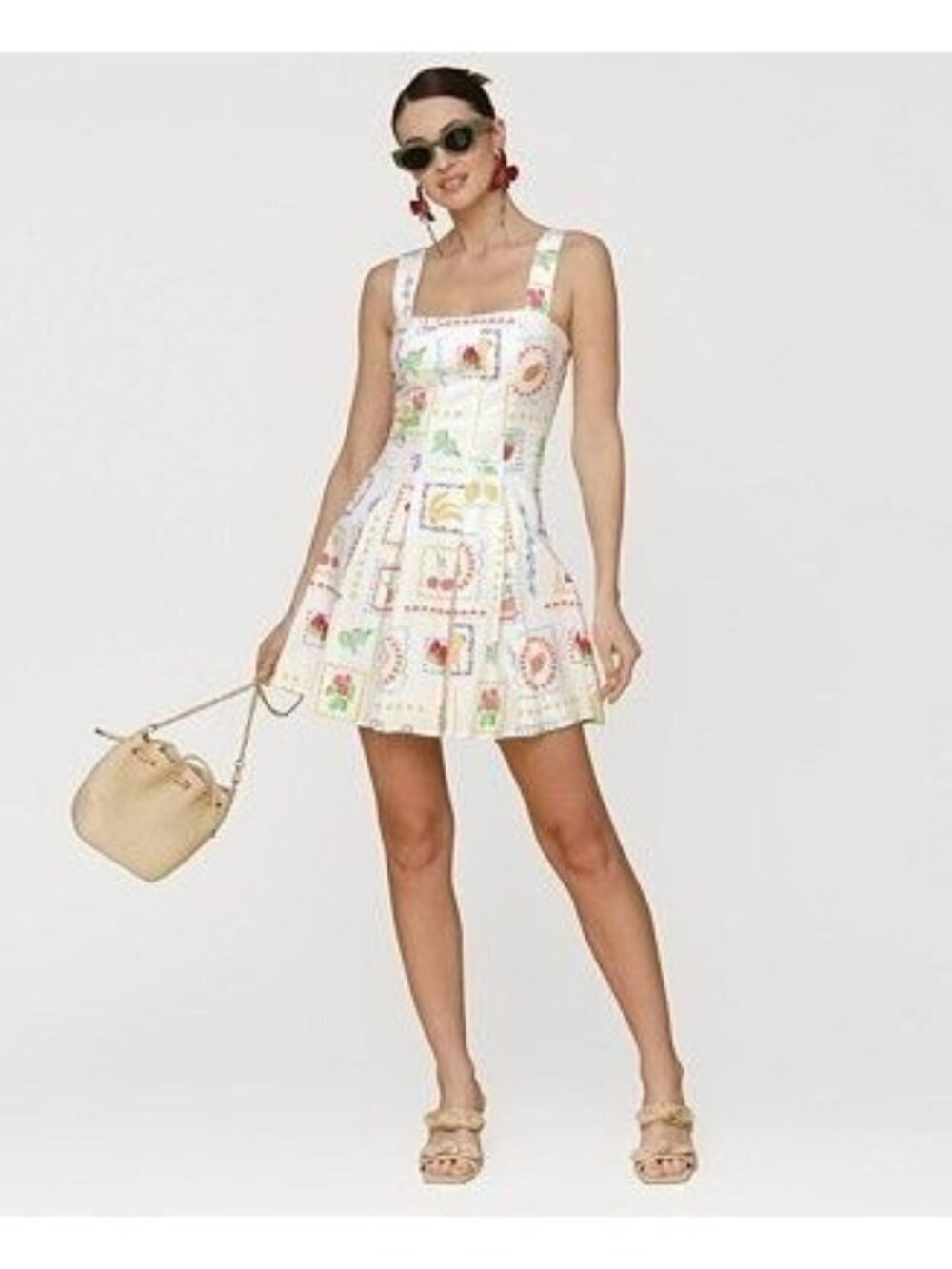 Avec Les Filles Cream Fruit Print Square Neck Fit n Flar Mini Sun Dress Size‎ 6